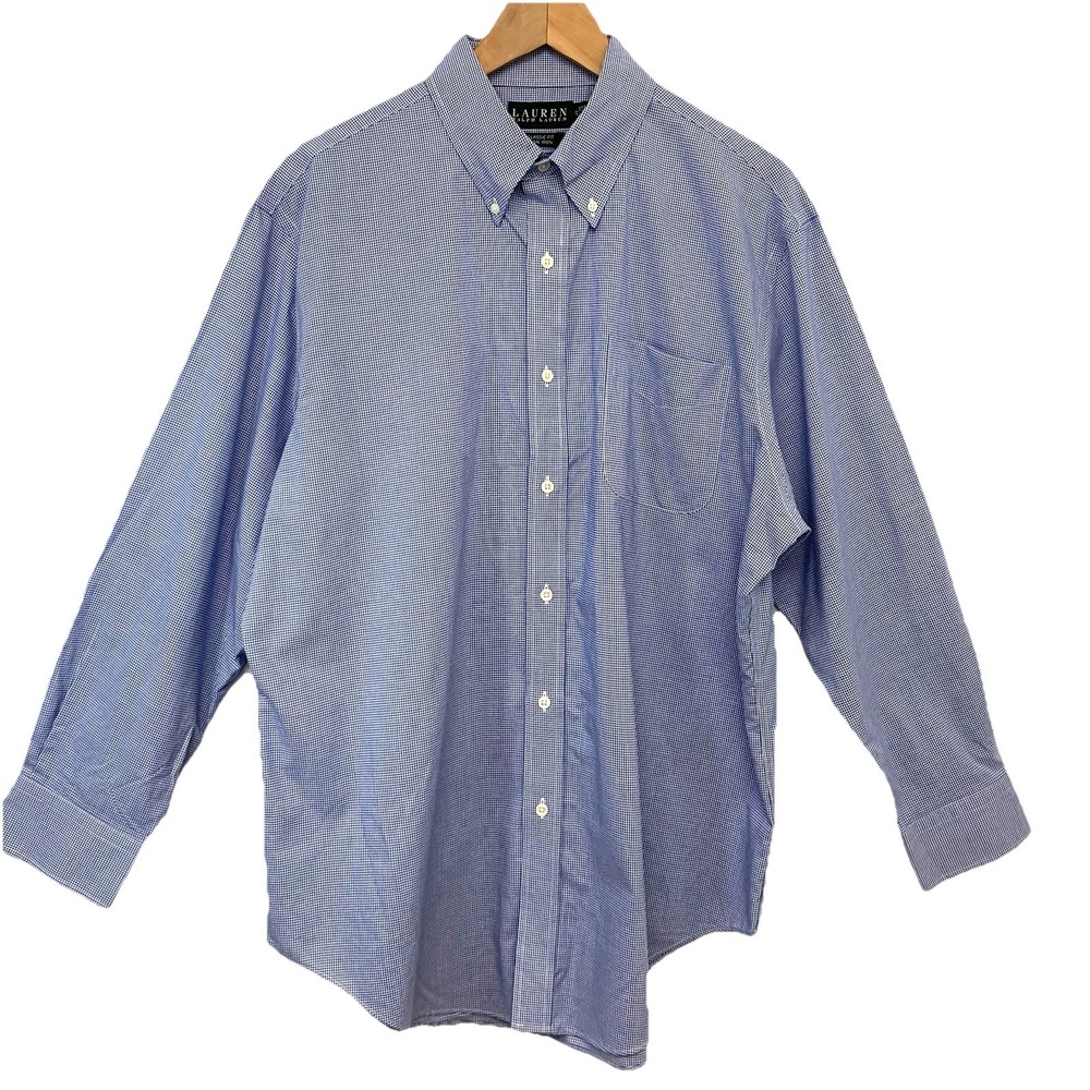 Lauren Ralph Lauren Non Iron Traditional Fit Shirt Men 17 Blue Check 100% Cotton